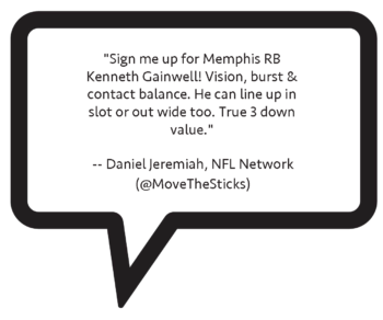Daniel Jeremiah on Kenneth Gainwell: "Sign me up for Memphis RB Kenneth Gainwell! Vision, burst & contact balance (look at YAC on these plays). He can line up in slot or out wide too. True 3 down value."