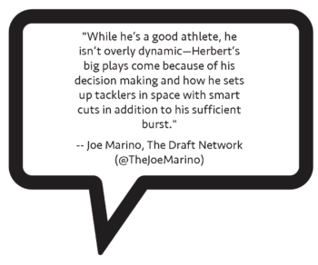 Joe Marino on Khalil Herbert: "While he's a good athlete, he isn't overly dynamic-Herbert's big plays come because of his decision making and how he sets up tacklers in space with smart cuts in addition to his sufficient burst."
